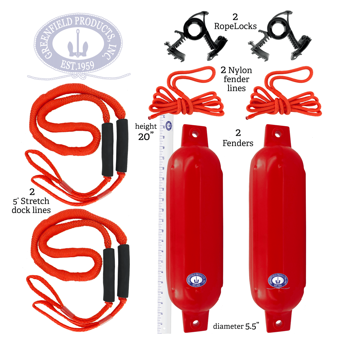 Greenfield Dock Kit contents and fender dimensions - 5.5 in - Red