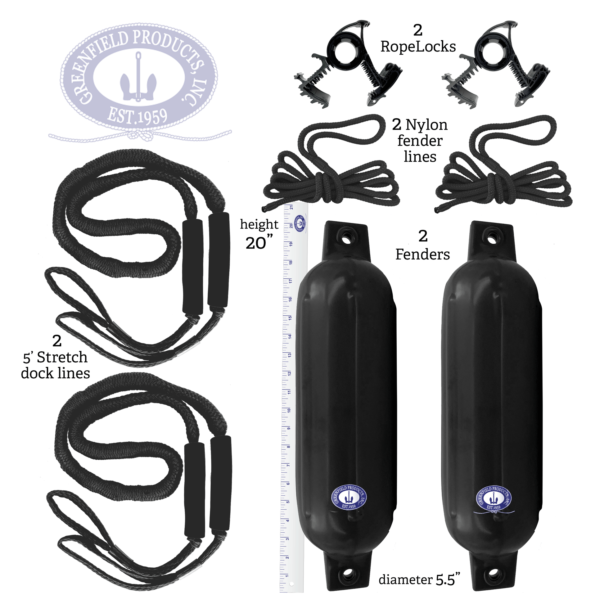 Greenfield boat fender dock kit: two ribbed PVC boat fenders, two nylon fender lines, two Dock Buddy bungee dock lines with foam grips, and two black Rope Lock clamps.
