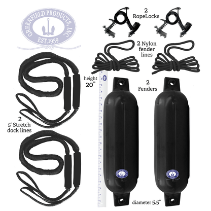 Greenfield Dock Kit contents and fender dimensions - 5.5 in - Black