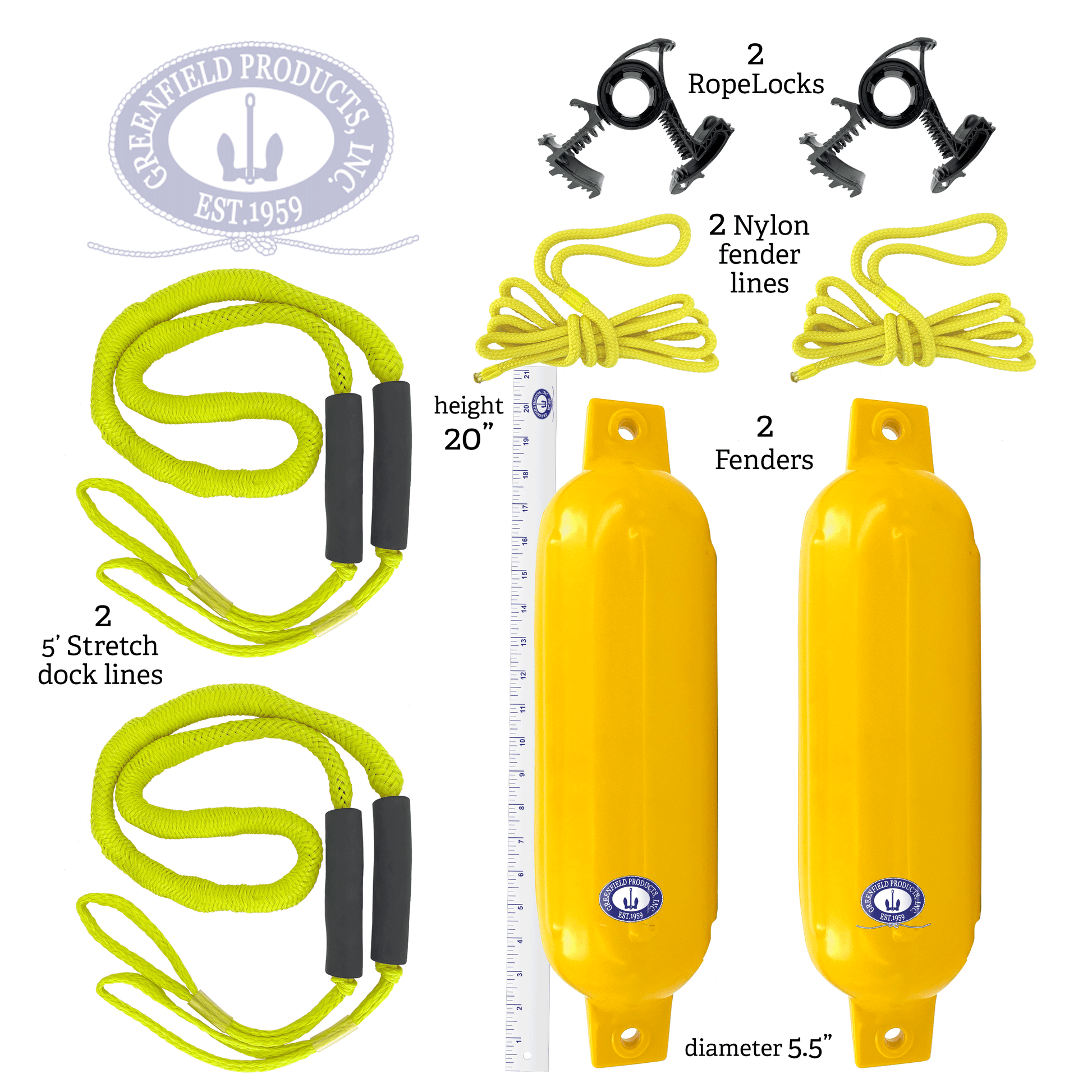Greenfield boat fender dock kit: two ribbed PVC boat fenders, two nylon fender lines, two Dock Buddy bungee dock lines with foam grips, and two black Rope Lock clamps.