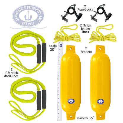 Greenfield Dock Kit contents and fender dimensions - 5.5 in - Yellow