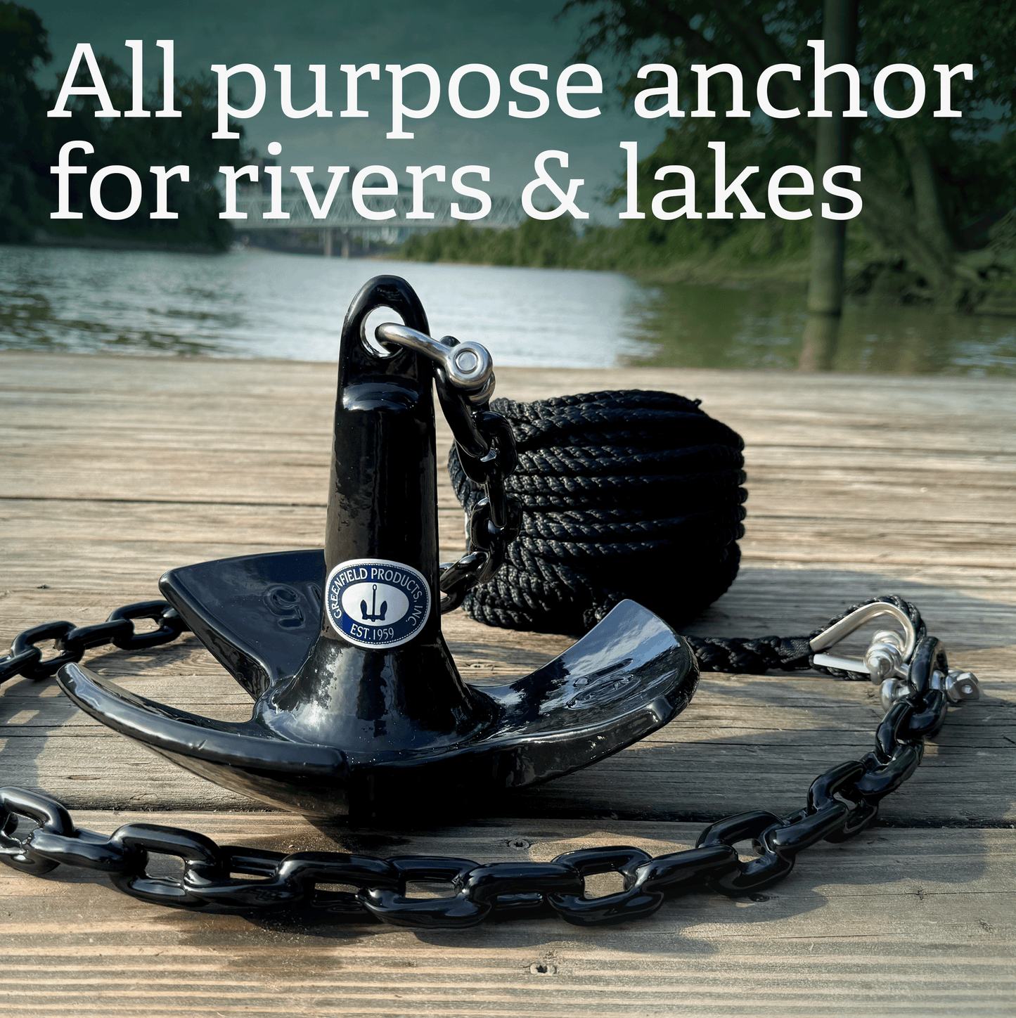 Greenfield Complete River Anchor Kit, USA-Made. Includes 15 or 20 lb Coated Boat Anchor, Poly Coated Anchor Chain, 100 ft Anchor Line, and Shackles. Best for Lakes and Rivers, Pontoons