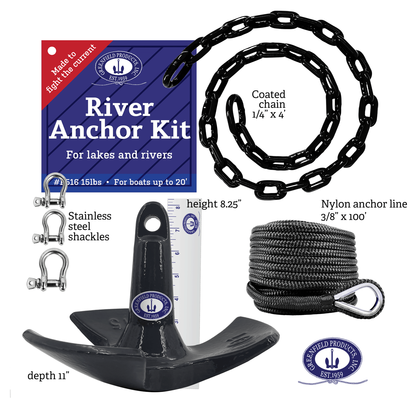 Greenfield Complete River Anchor Kit, USA-Made. Includes 15 or 20 lb Coated Boat Anchor, Poly Coated Anchor Chain, 100 ft Anchor Line, and Shackles. Best for Lakes and Rivers, Pontoons