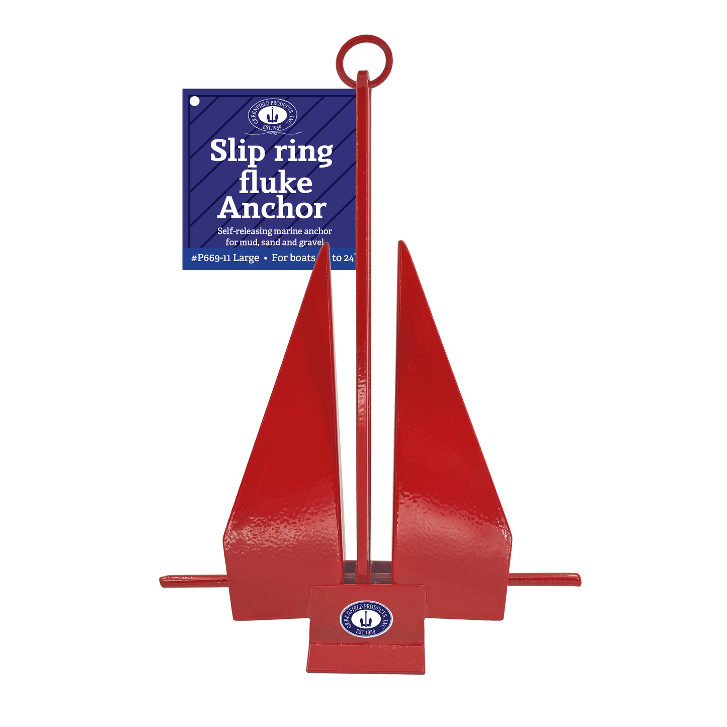 Greenfield Fluke Anchor, Large Coated, Color Slip-Ring Boat Anchors. Premium Made in USA (Red)